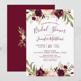 Burgundy Floral Chic Script Rustic Bridal Shower Invitation