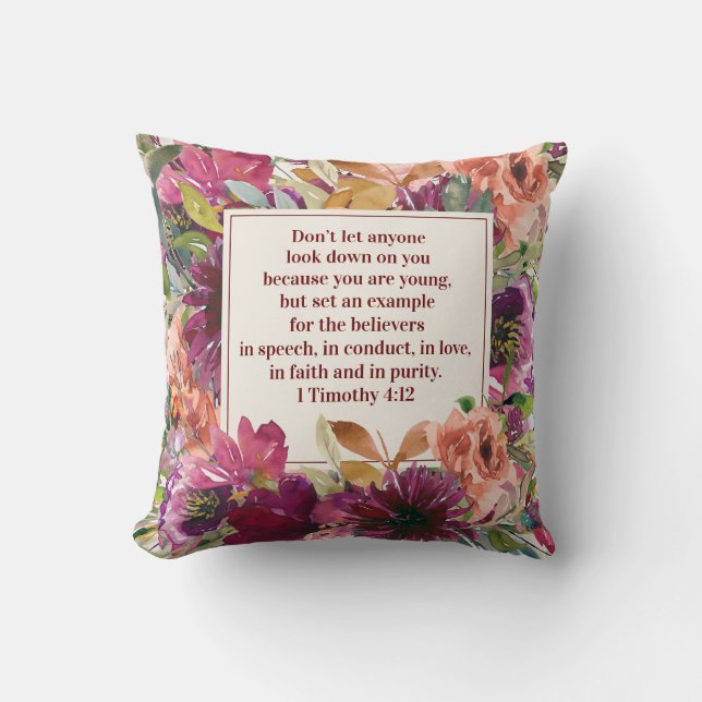Burgundy Floral Christian Bible Timothy Youth Throw Pillow (Front)