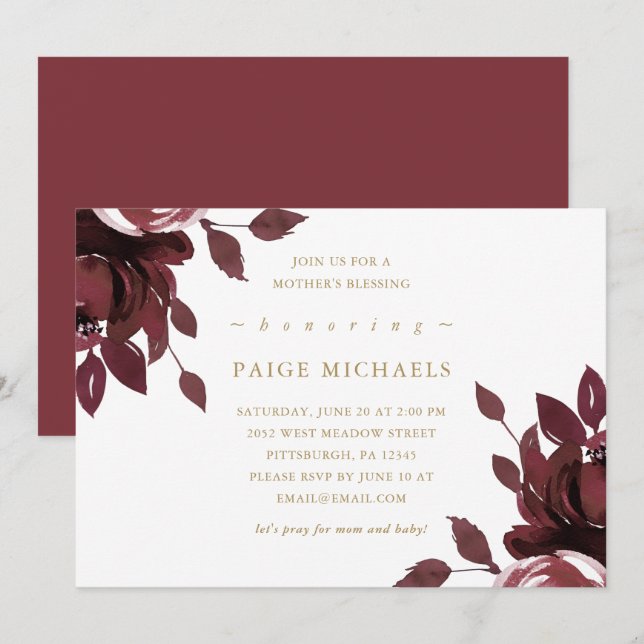 Burgundy Floral Christian Mother's Blessing Invitation (Front/Back)