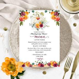 Burgundy Floral Citrouille Thanksgiving Diner Menu