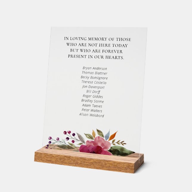 Burgundy Floral Class Reunion Memorial Names Acrylic Sign (Angle)