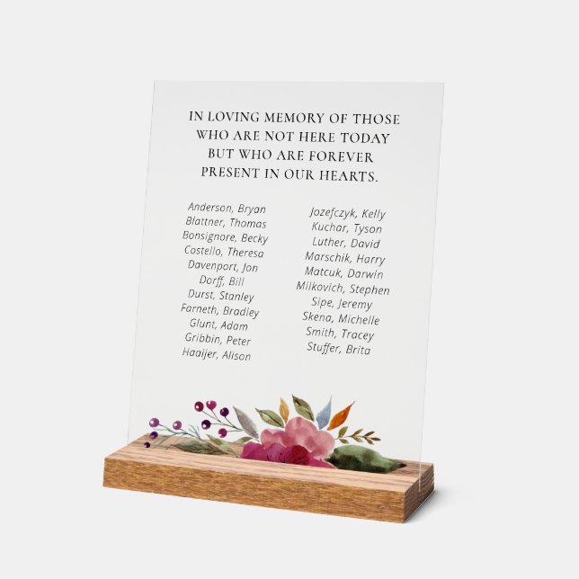 Burgundy Floral Class Reunion Names Memorial Acrylic Sign (Angle)
