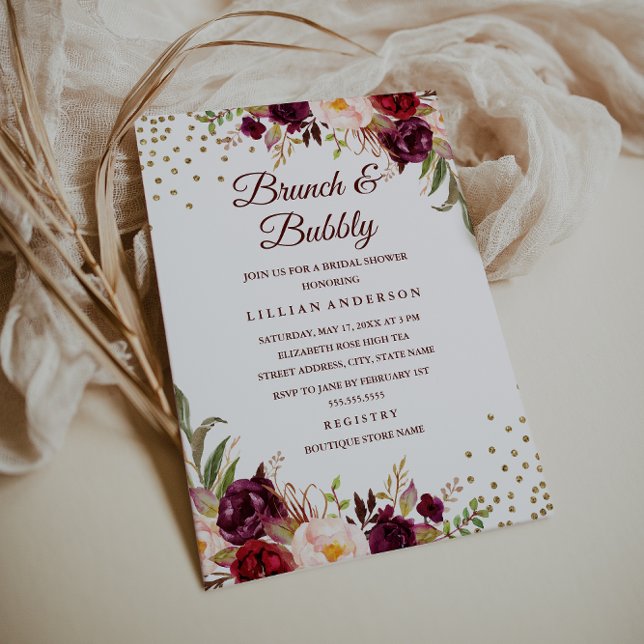 Burgundy Floral Confetti Brunch and Bubbly Shower Invitation (Creator Uploaded)
