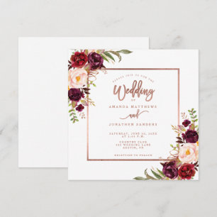 Burgundy Floral Copper Rose Gold Script Wedding Invitation