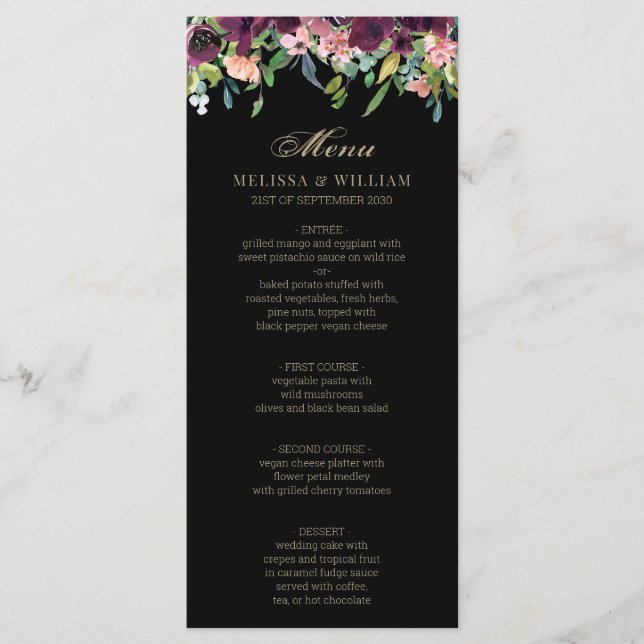 Burgundy Floral Coral Black Wedding Menu (Front)