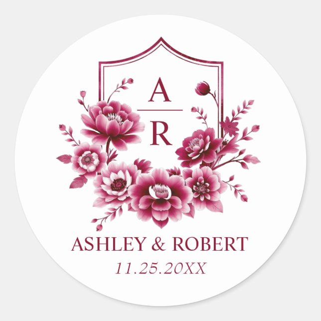 Burgundy floral crest and initials wedding classic round sticker (Front)