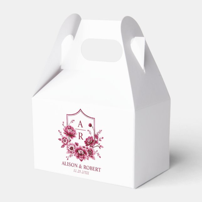 Burgundy floral crest and initials wedding favor box (Back Side)