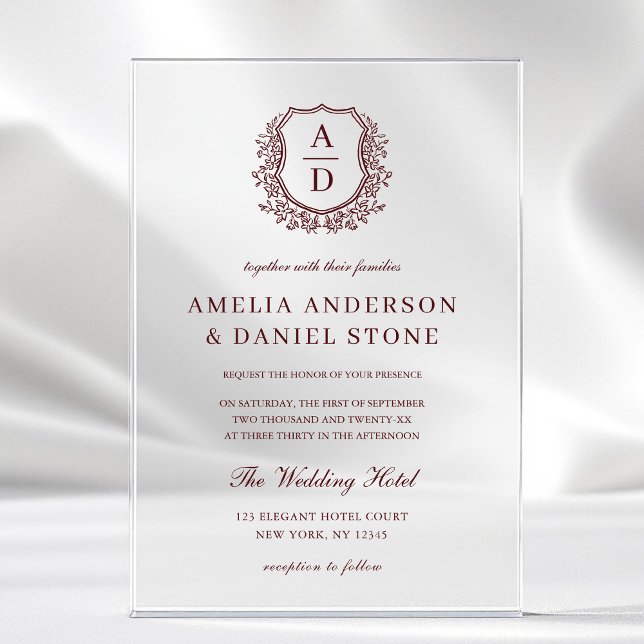 Burgundy Floral Crest Monogram Wedding Acrylic Invitations (Creator Uploaded)