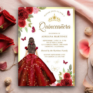 Burgundy Floral Dress Butterfly Quinceanera  Invitation
