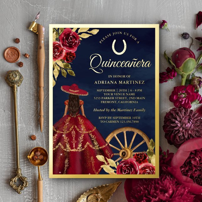 Burgundy Floral Dress Navy Charro Quinceanera Gold (Creator Uploaded)