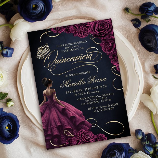 Burgundy Floral Dress Quinceañera Invitation (Creator Uploaded)