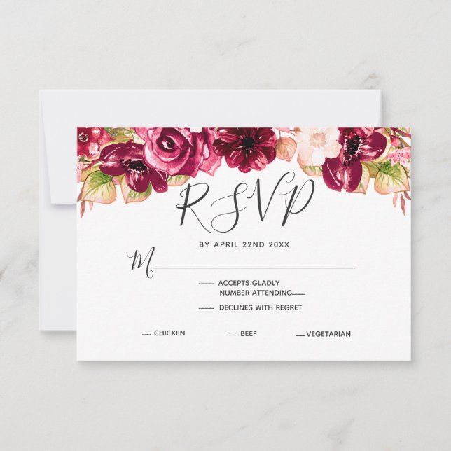 Burgundy Floral Drop Wedding Meal Choice RSVP (Front)