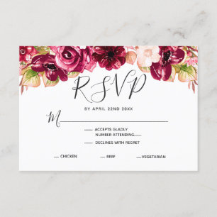 Burgundy Floral Drop Wedding Meal Choice RSVP Card