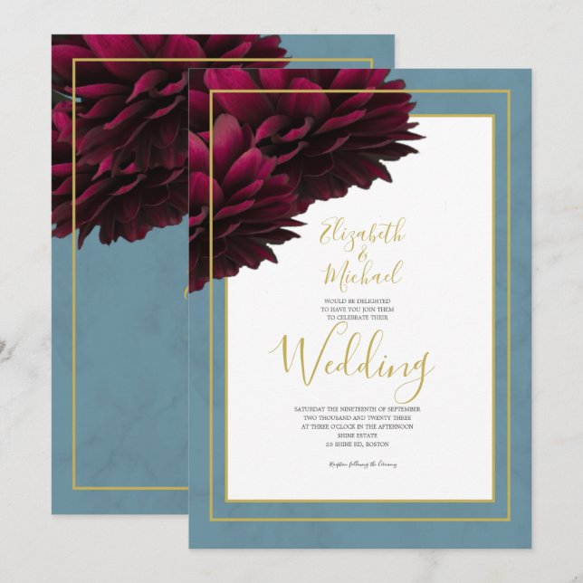 Burgundy Floral Dusty Blue Gold Elegant Wedding Invitation (Front/Back)