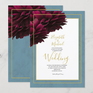 Burgundy Floral Dusty Blue Gold Elegant Wedding Invitation