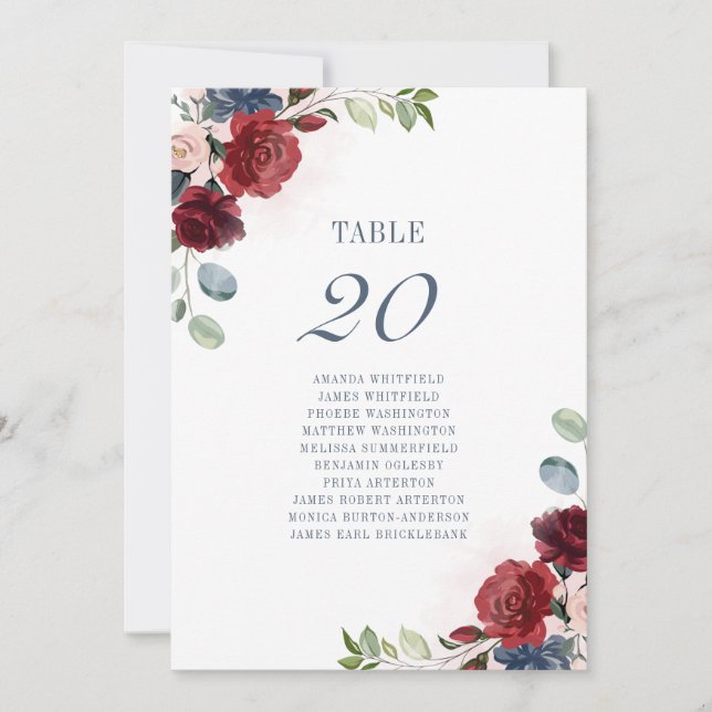 Burgundy Floral Dusty Blue Wedding Table Number 20 (Front)