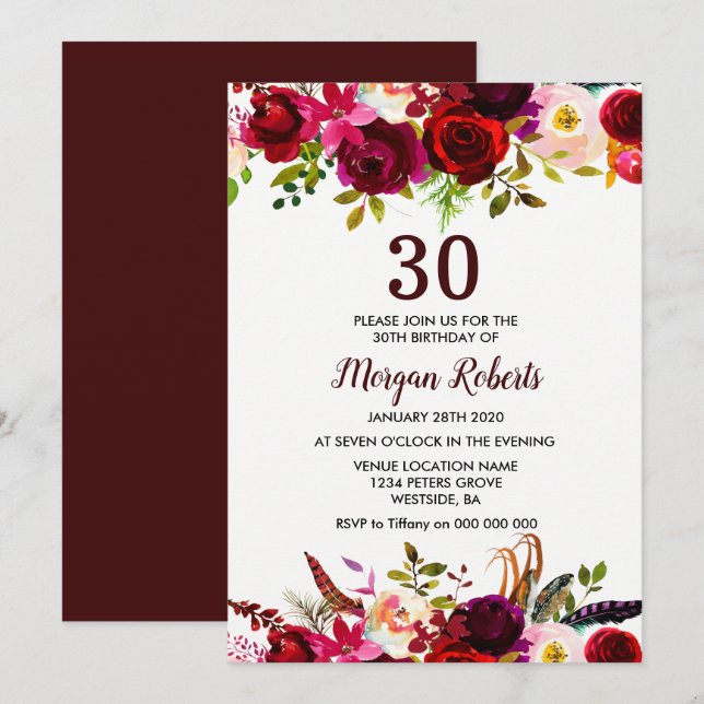 Burgundy Floral Elegant 30th Birthday Party Invite (Front/Back)