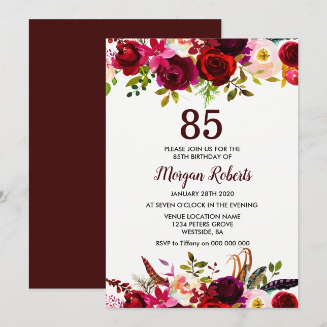 Burgundy Floral Elegant 85th Birthday Party Invite (Front/Back)