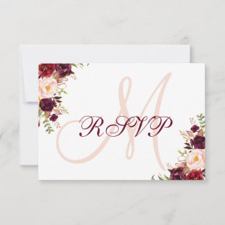 Burgundy Floral Elegant Blush Monogram Wedding RSVP Card