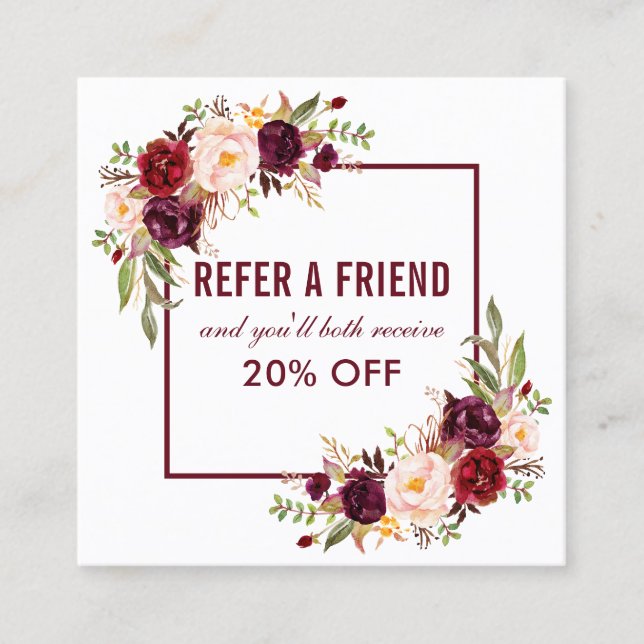 Burgundy Floral Elegant Framed Referral Square Business Card (Front)