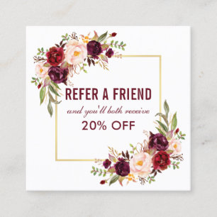 Burgundy Floral Elegant Gold Frame Referral Square Business Card