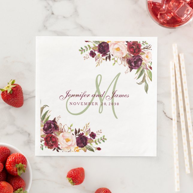 Burgundy Floral Elegant Monogram Rustic Wedding Na Napkin (Insitu)