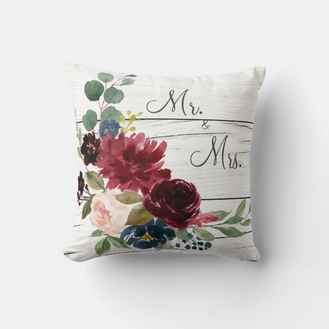 Burgundy Floral Elegant Mr. & Mrs.Watercolor Throw Pillow (Front)