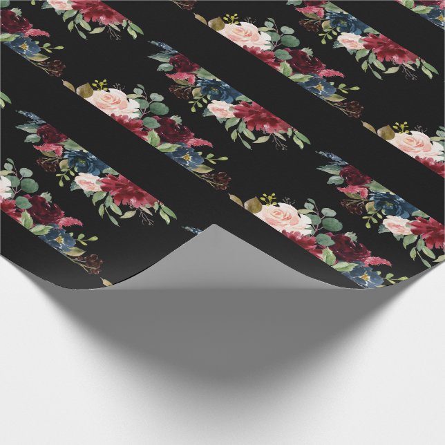 Burgundy Floral Elegant Pretty Watercolor Wrapping Paper (Corner)