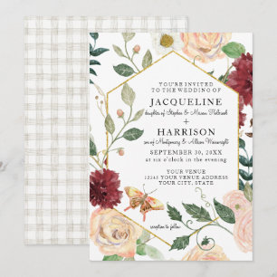 Burgundy Floral Elegant Rose Fall Foliage Wedding Invitation