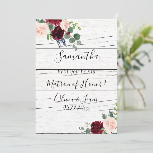 Burgundy Floral Elegant Rustic Matron of Honour Invitation (Standing Front)
