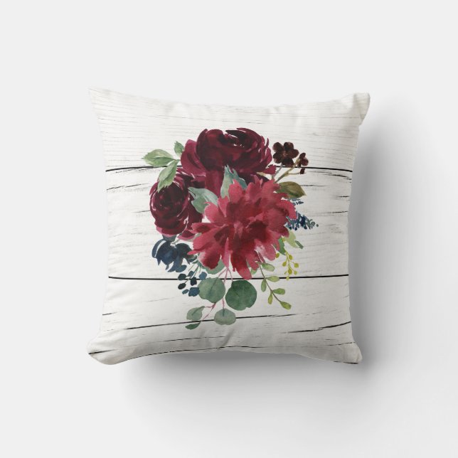Burgundy Floral Elegant Rustic Watercolor Pretty Throw Pillow (Front)