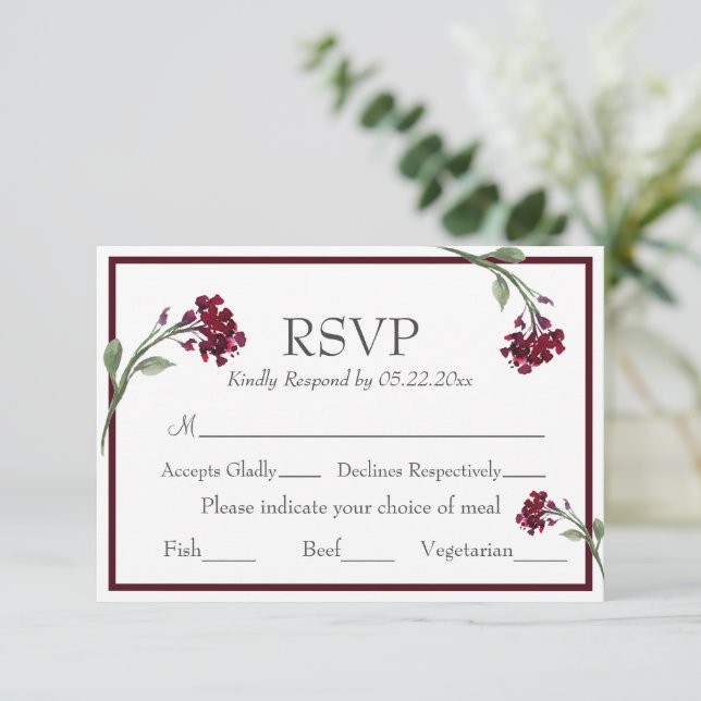 Burgundy Floral Elegant Rustic Watercolor RSVP (Standing Front)