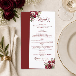 Burgundy Floral Elegant Script 4x9'' Wedding Menu