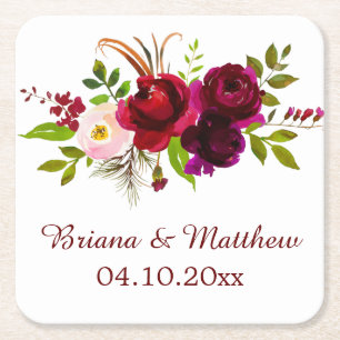 Burgundy Floral Elegant Script Square Paper Coaster