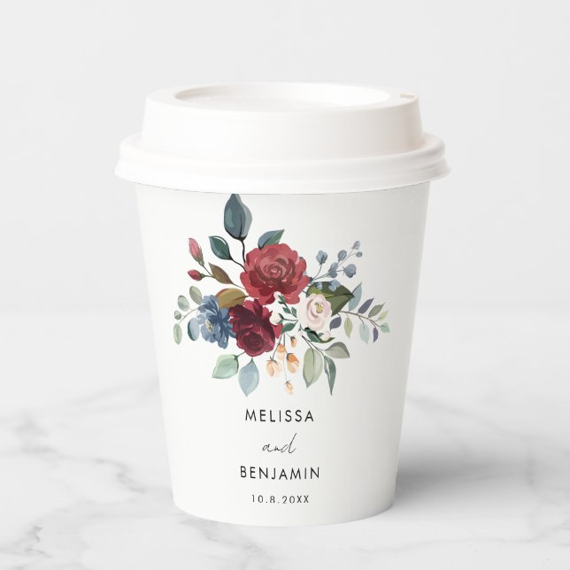 Burgundy Floral Elegant Script Wedding Rehearsal Paper Cups (Front)