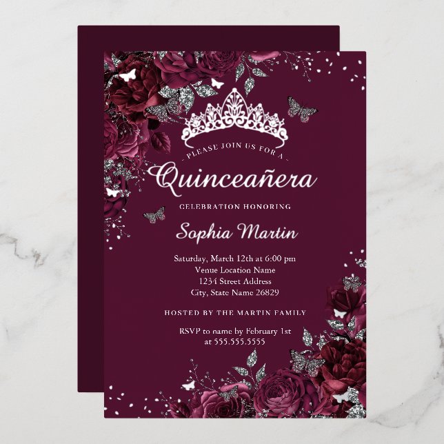 Burgundy Floral Elegant Silver Quinceanera (Front/Back)