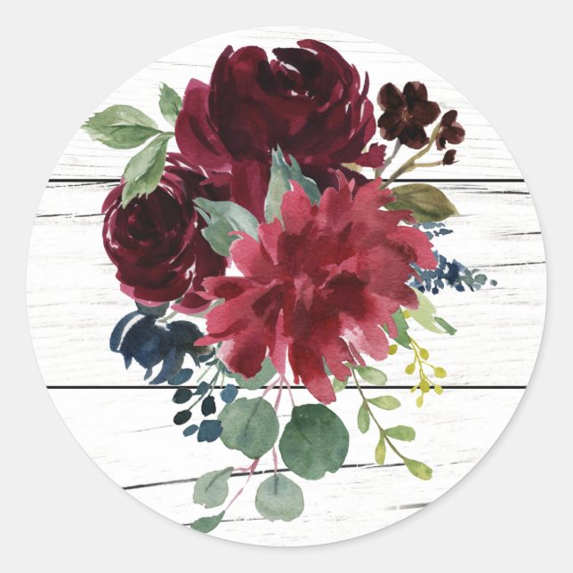 Burgundy Floral Elegant Watercolor Rustic Classic Round Sticker (Front)