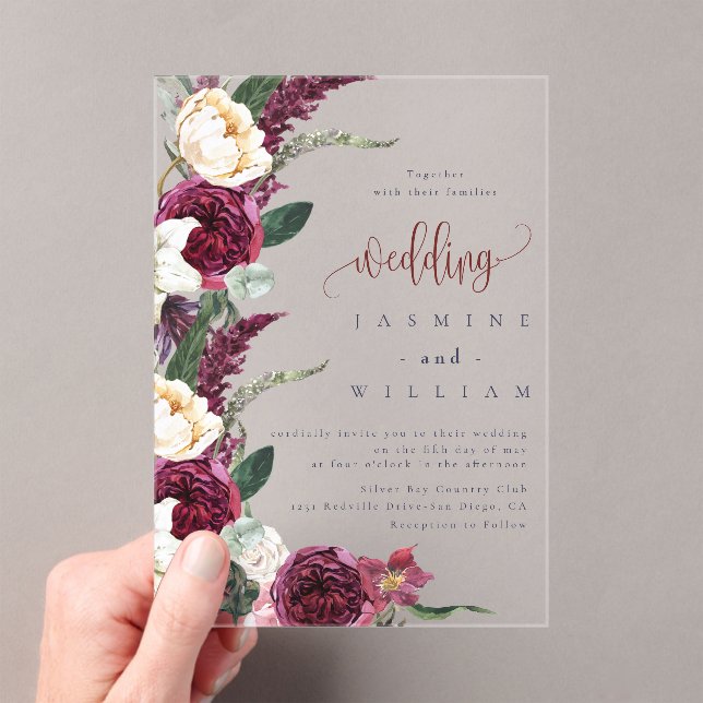 Burgundy Floral Elegant  Wedding  Acrylic Invitations (Insitu (Handheld))
