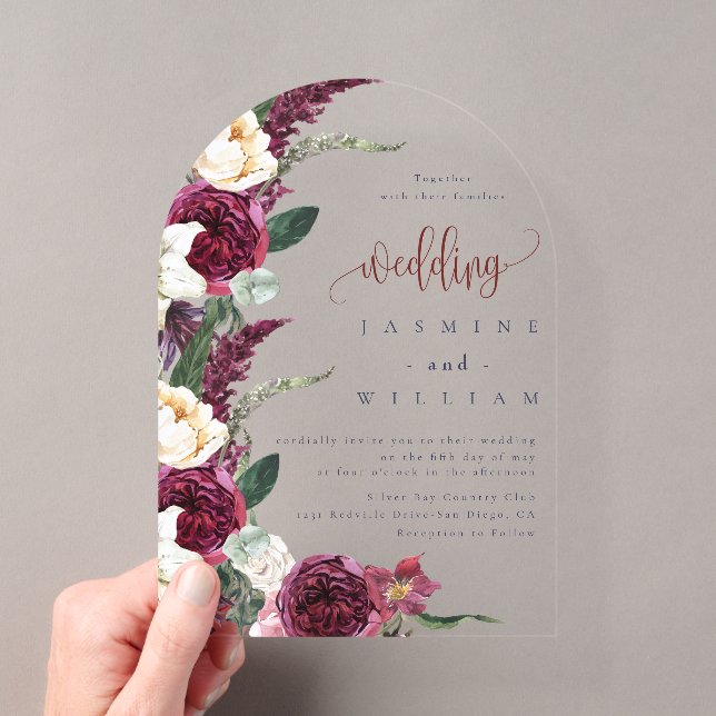 Burgundy Floral Elegant  Wedding  Acrylic Invitations (Insitu (Handheld))