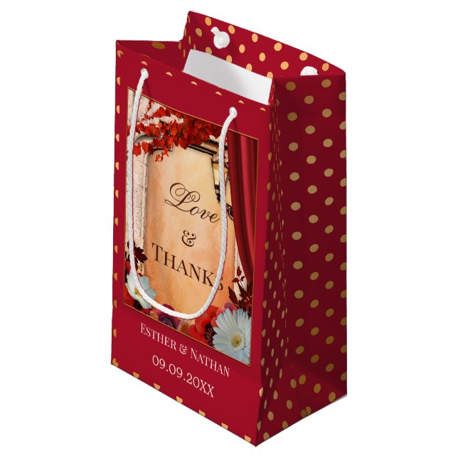 Burgundy Floral Fall Wedding Favour Small Gift Bag (Front Angled)