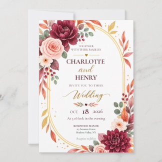 Burgundy Floral Fall Wedding Invitation