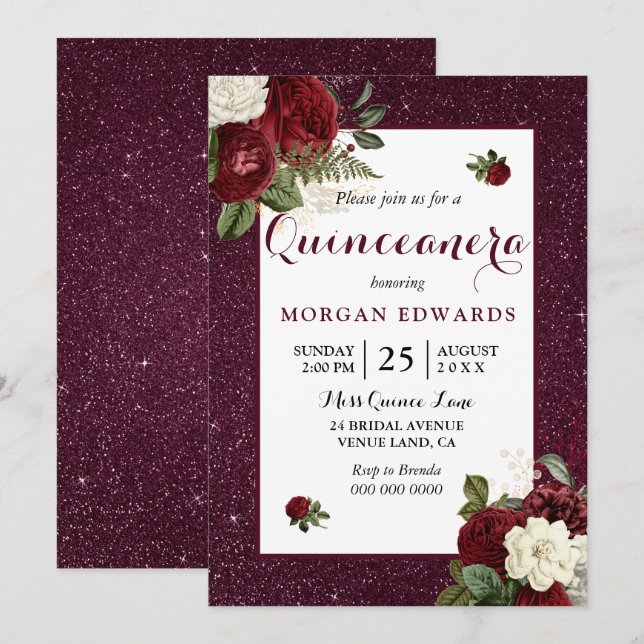 Burgundy Floral Faux Metallic Quinceanera Invite (Front/Back)