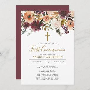 Burgundy Floral First Communion Invitation
