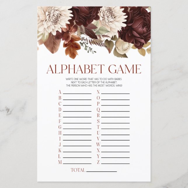 Burgundy Floral Flowers Alphabet Baby Shower Game (Front)
