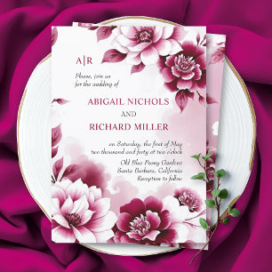 Burgundy floral frame and watercolor wash wedding invitation