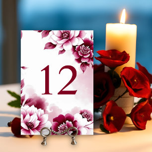 Burgundy floral frame and watercolor wash wedding table number