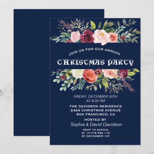 Burgundy Floral Frame Dark Blue Christmas Party Invitation (Front/Back)
