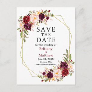 Burgundy Floral Geo Frame Save the Date Postcard