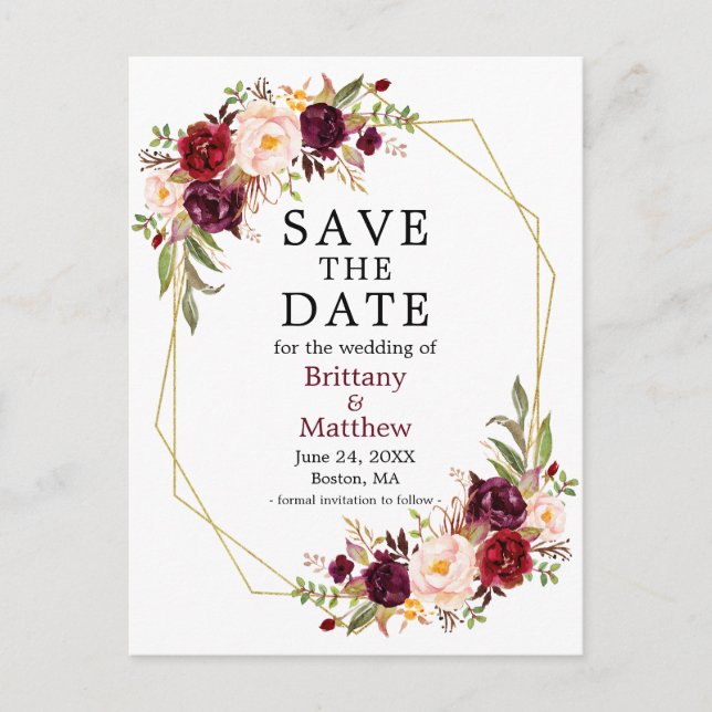 Burgundy Floral Geo Frame Save the Date Postcard (Front)