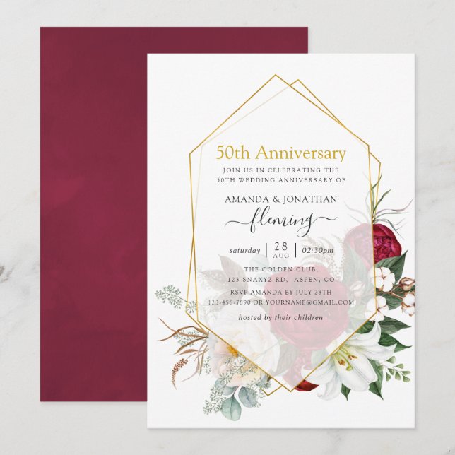 Burgundy Floral Geometric 50th Wedding Anniversary Invitation (Front/Back)